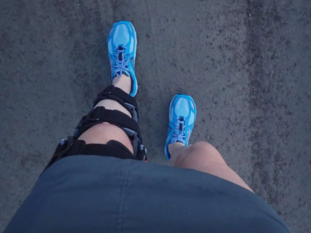 New shoes and leg brace Coach Cary